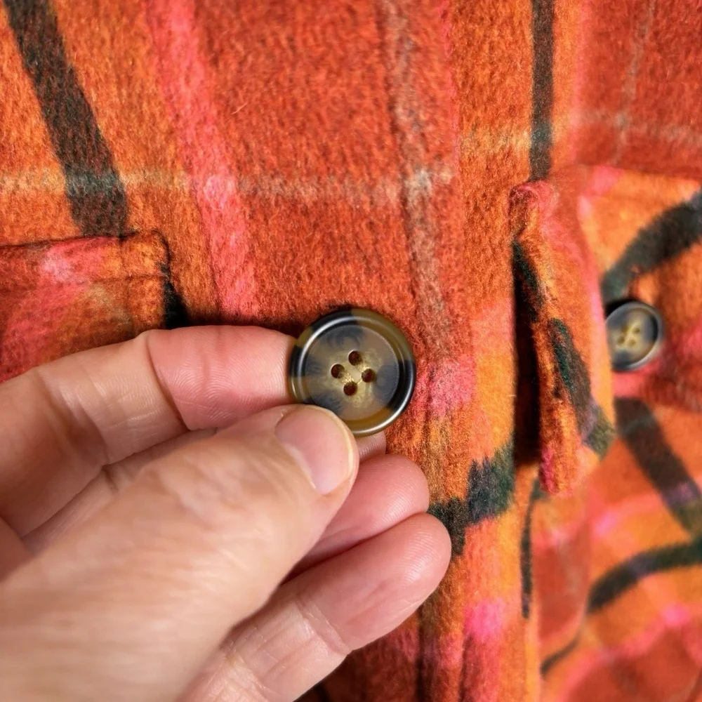 Wild Fable Women Sz M Flannel Shacket Plaid Orange Pink Shirt Jacket Wool‎ Blend
